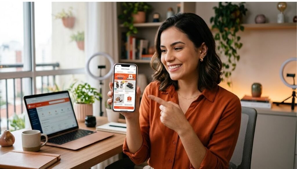 mulher apontando a coleção da shopee